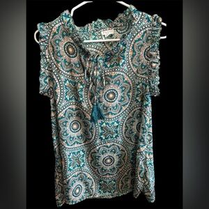 Paani Patterned Blue and Tan Blouse size M